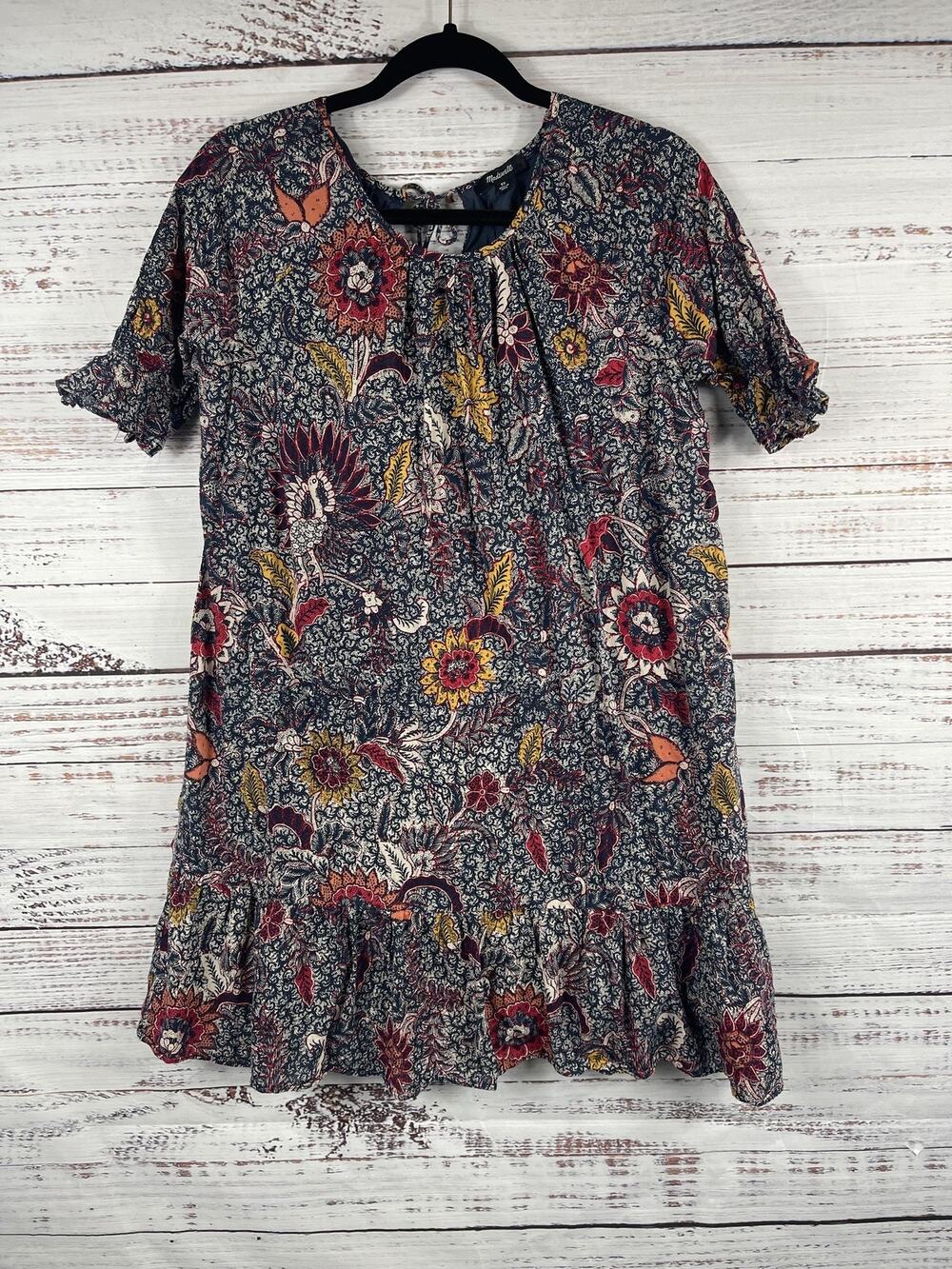 Madewell Dress Women's Size XS Navy Floral Ruffle Hem Short Sleeve Boho Peasant